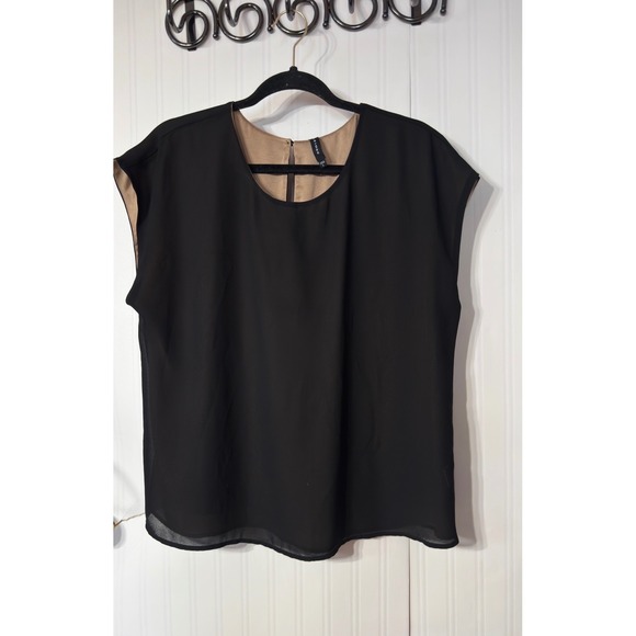 Pleione Tops - Pleione Womens Black Cap Sleeve Keyhole Back Blouse Tan Lining Size Large